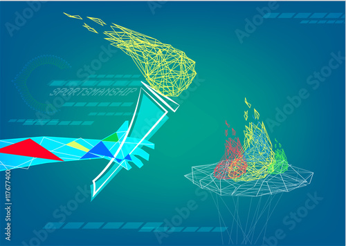 A hand holds flame of sportsmanship in abstract low poly style. Editorial Clip Art. 
