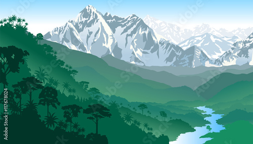 Vector Tropical Rainforest Jungle Mountains with river