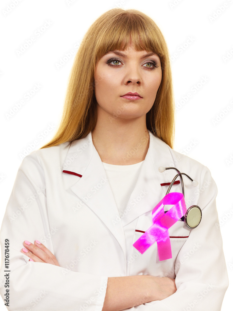 Woman doctor with pink ribbon aids symbol Woman doctor with pink ribbon aids symbol