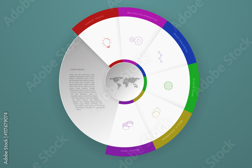 Six steps timeline business infographics that can represent process or workflow with outline icons in modern colors. Modern 6 steps infographics with dropped shadow, 3D circle and dotted world map.