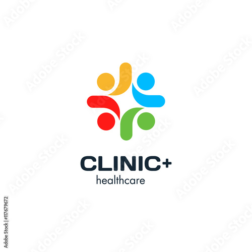 Isolated colorful cross vector logo. Medical symbol with clinic writing. People holding hands logotype. Friendship and union illustration. International communication sign.