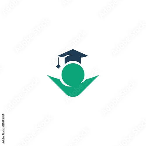 Isolated green color student contour in a blue cap vector logo. Education illustration. Minimalistic school and university logotype. Studying sign.