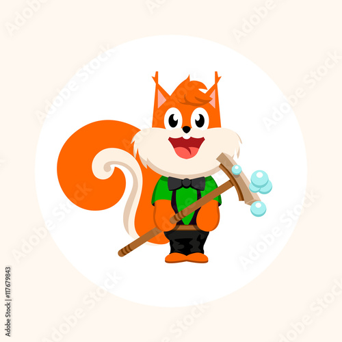 Isolated orange squirrel with mop vector logo. Cleaning company business emblem.