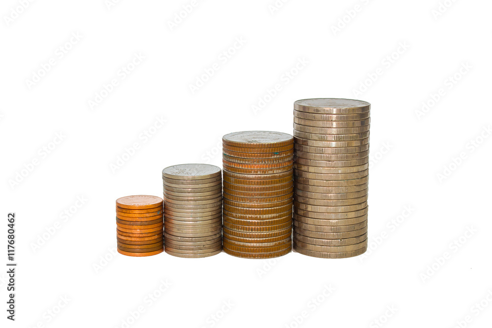 Coin stacks on a white background, coin isolate. Coin stacks on a white background, coin isolate.