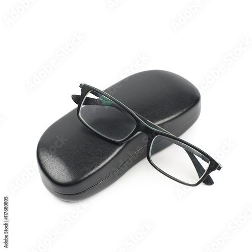 Black leather case for glasses isolated