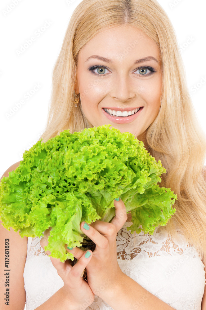 Half-length portrait of very beautiful woman holding fresh lettuce, green salad and looking at us. Studio shot isolated on white background. Healthy eating concept. Half-length portrait of very beautiful woman holding fresh lettuce, green salad and looking at us. Studio shot isolated on white background. Healthy eating concept.