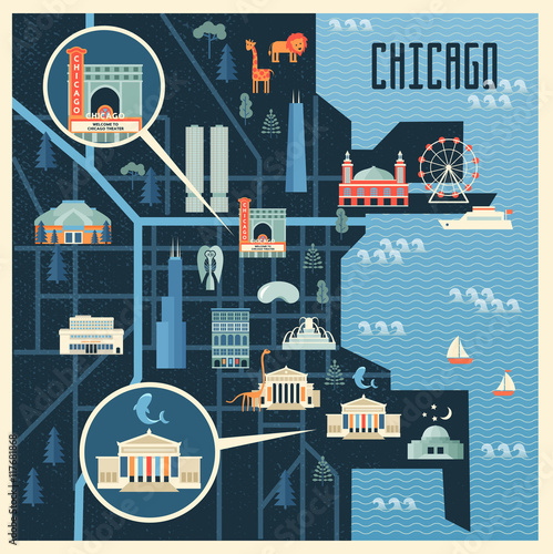 Vector illustration of map with landmarks of Chicago. Famous places, historical buildings, sightseeing and known museums. Flat style.