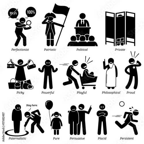 Neutral Personalities Character Traits. Stick Figures Man Icons. Starting with the Alphabet P.
