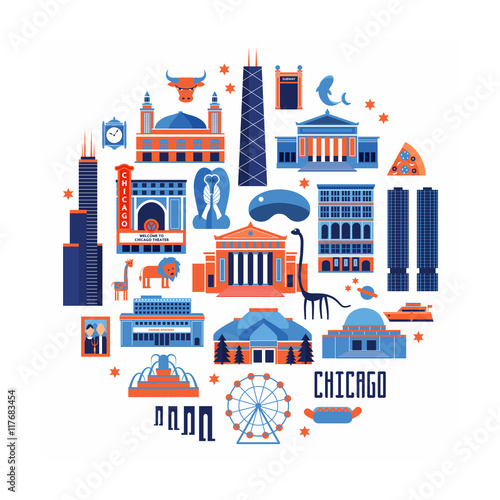 Blue and red vector set of Chicago' famous landmarks. Flat style designed historic buildings, sightseeing and known museums on white background.