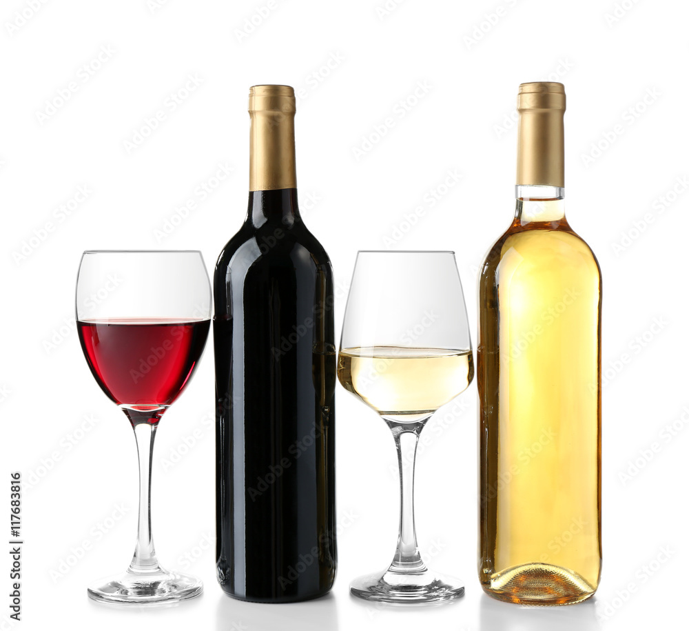 Two bottles and glasses with different wine isolated on white Two bottles and glasses with different wine isolated on white