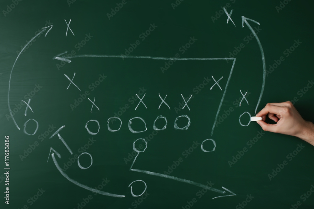 American football game strategy written with chalk on blackboard American football game strategy written with chalk on blackboard