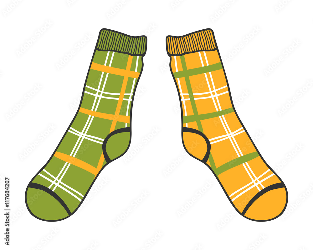 Pair of doodle socks isolated on white background. Clothing, accessory