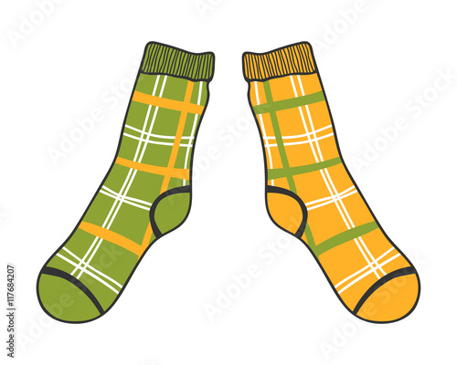 Pair of doodle socks isolated on white background. Clothing, accessory.