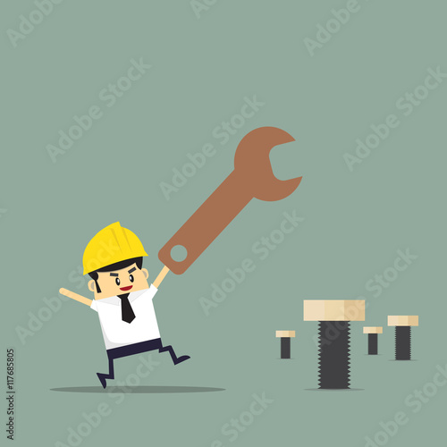Construction. Engineer, architect, foreman at a construction site. Architect holding a project. on a construction site. Flat icons vector illustration.