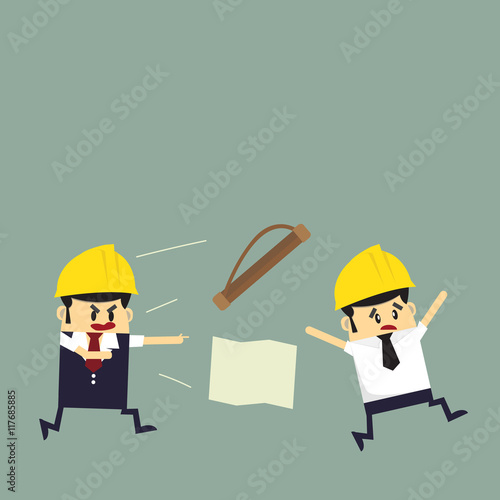 Frustrated desperate Construction. Engineer, architect, foreman at a construction site. Architect holding a project. on a construction site. Flat icons vector illustration.