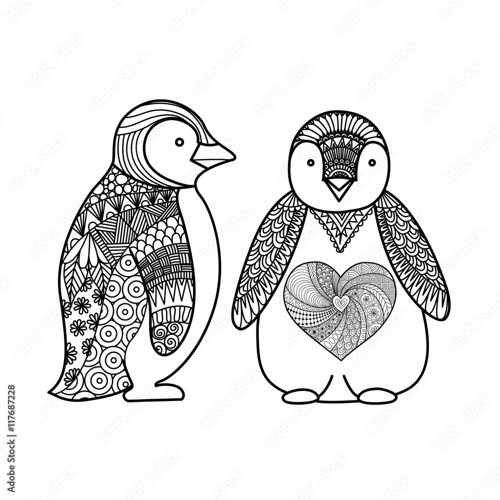 Naklejka premium Two penguins line art design for coloring book for adult , T - shirt design and other decorations