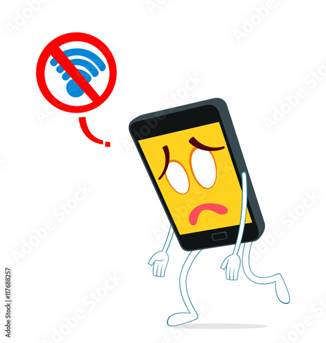 humanized smartphone walking weak from loss of internet signal