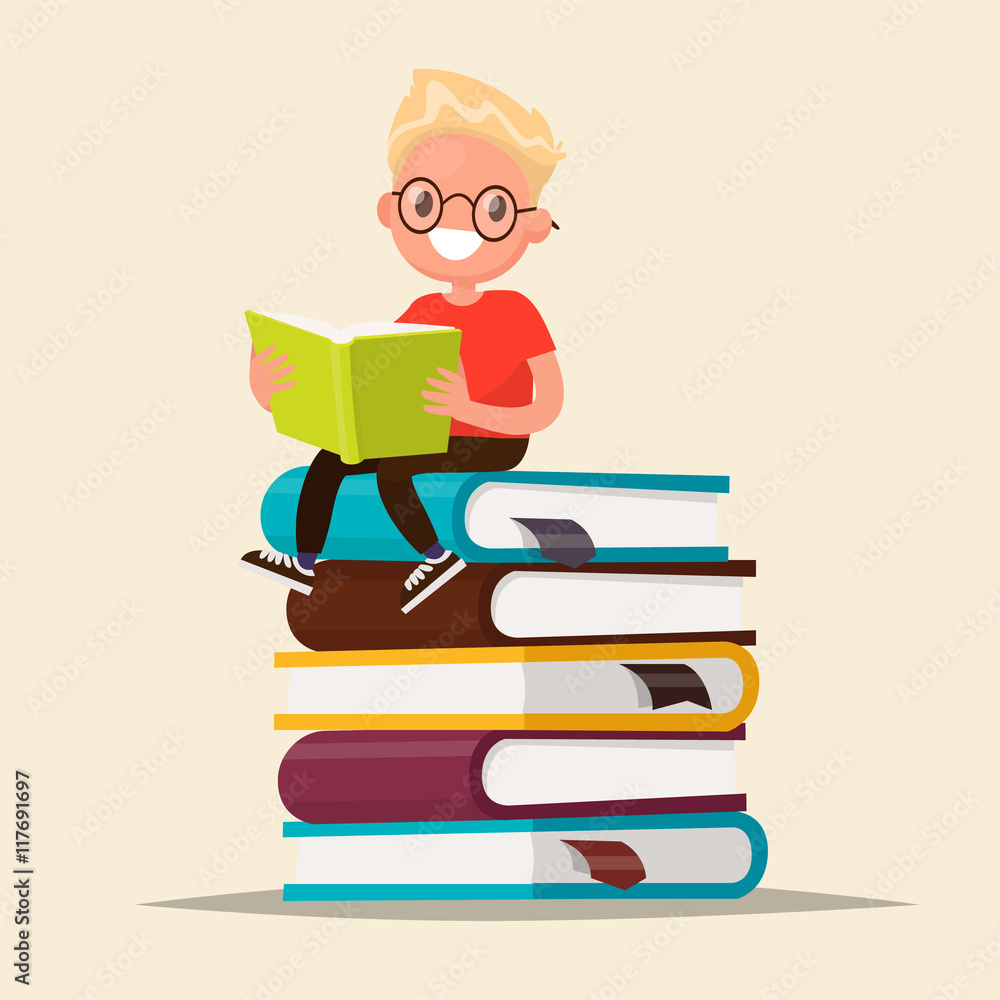 Boy with glasses reading a book sitting on a stack of textbooks. Boy with glasses reading a book sitting on a stack of textbooks.