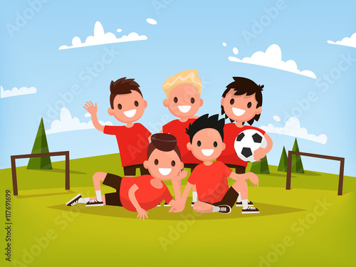 Children's football team. Boys playing football outdoors. Vector