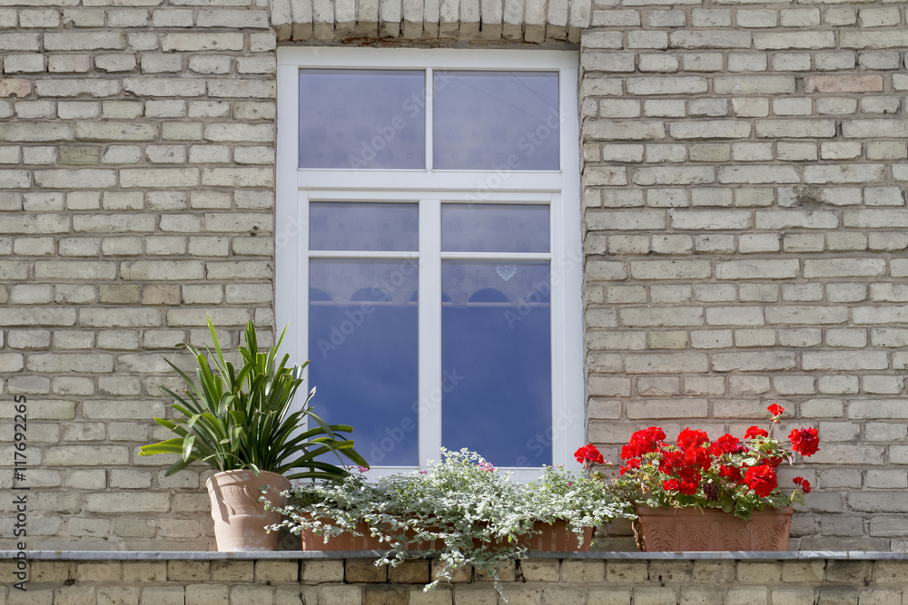 Small modern plastic window with flowers on vintage old brick wall background.