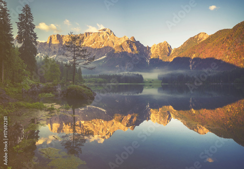 mountain lake in the Italian Alps,retro colors, vintage