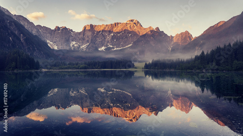 mountain lake in the Ita  lian Alps retro colors  vintage
