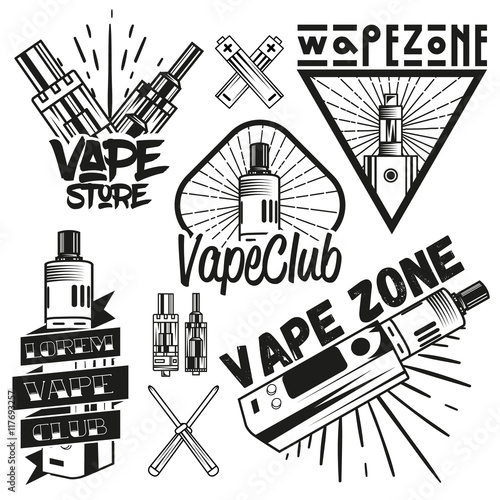 Vector set of vape shop labels in vintage style. Design elements, icons, logo, emblems and badges isolated on white background