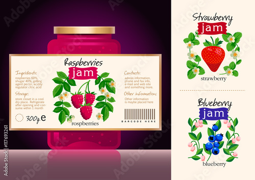 Berries Jam Label Collection. Template of lebel design. Natural product of Strawberry, Raspberries and Blueberry
