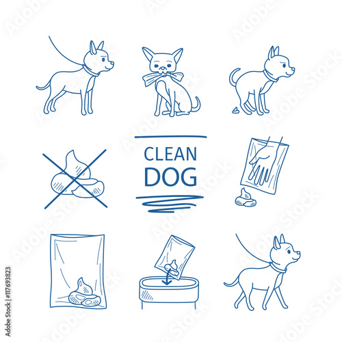Dangerous dog clean up poop vector blue line doodles