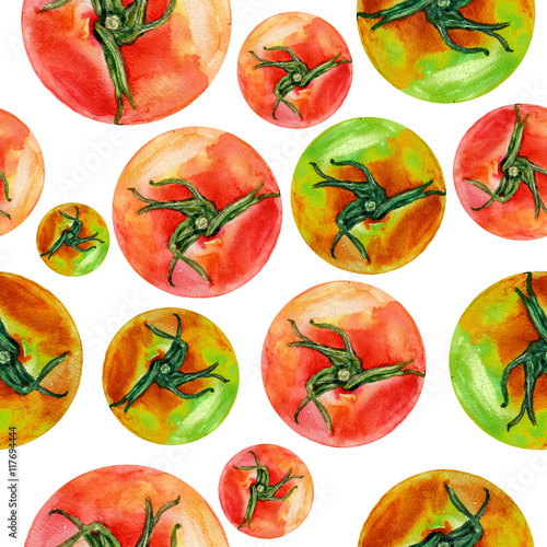 Fototapeta Naklejka Na Ścianę i Meble -  Watercolor tomato painting illustration isolated on white background, Hand drawn seamless pattern, decorative texture, food ingredient for cooking, restaurant menu, harvest festival, farmers market