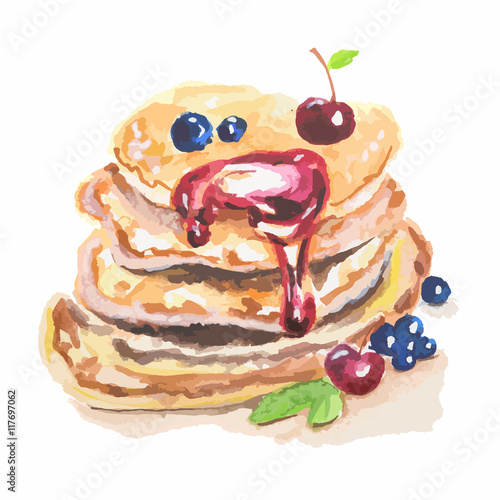 Watercolor stack of pancakes. Pancakes with berries and jam. Traditional american dessert. Tasty breakfast snack.