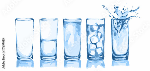 Watercolor glasses set. Glasses of water. Empty glass, half full, full, with ice cubes and splash. Fresh healthy beverage.