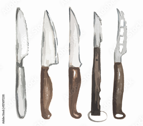 Watercolor knives set. Various types of knives on white bcakground. Home, restaurant or cafe equipment.