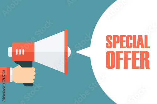 Male hand holding megaphone with Special Offer speech bubble. Loudspeaker. Special Offer banner for business, promotion and advertising. Vector illustration.