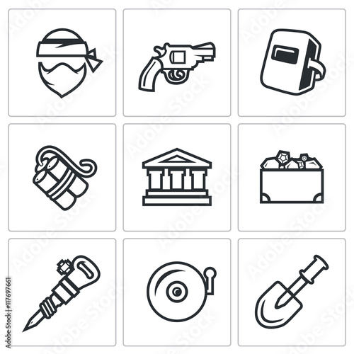 Vector Set of Bank Robbery Icons. Thief, Weapon, Welder, Explosive, Bank, Treasure, Equipment, Security System, Underpass.