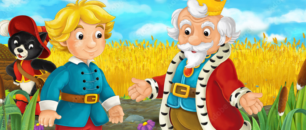 Cartoon scene with royal family - prince and king - on the pastures with noble cat - illustration for children Cartoon scene with royal family - prince and king - on the pastures with noble cat - illustration for children