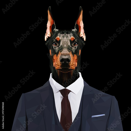 Doberman Pinscher dog animal dressed up in navy blue suit with red tie. Business man. Vector illustration.