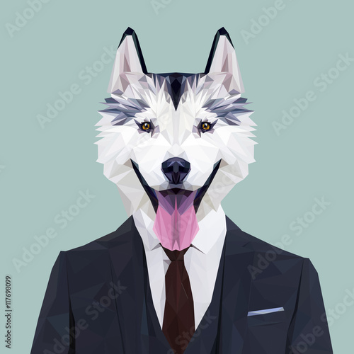 Siberian Husky dog animal dressed up in navy blue suit with red tie. Business man. Vector illustration.