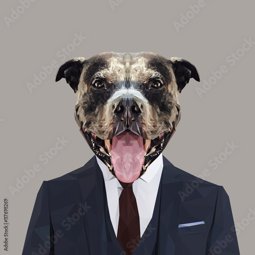 American Pit Bull Terrier dog animal dressed up in navy blue suit with red tie. Business man. Vector illustration.