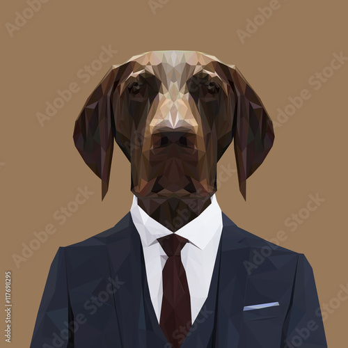 English pointer dog animal dressed up in navy blue suit with red tie. Business man. Vector illustration. © shekularaz