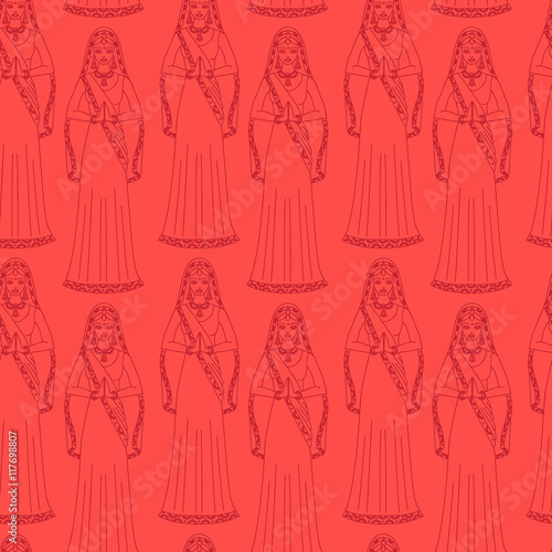 South Asia beautiful woman wearing indian traditional cloth, hinduism costume, girl in sari seamless pattern