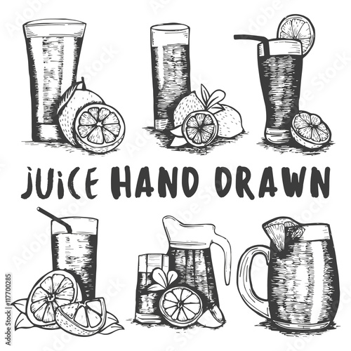 Vector set of hand drawn fruit juice glass sketch. Cocktails and alcohol drinks