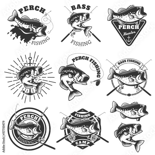 Bass fishing labels. Perch fish. Emblems templates for fishing c