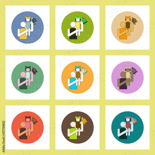 flat icons set of back to school concept on colorful circles pupils and bell