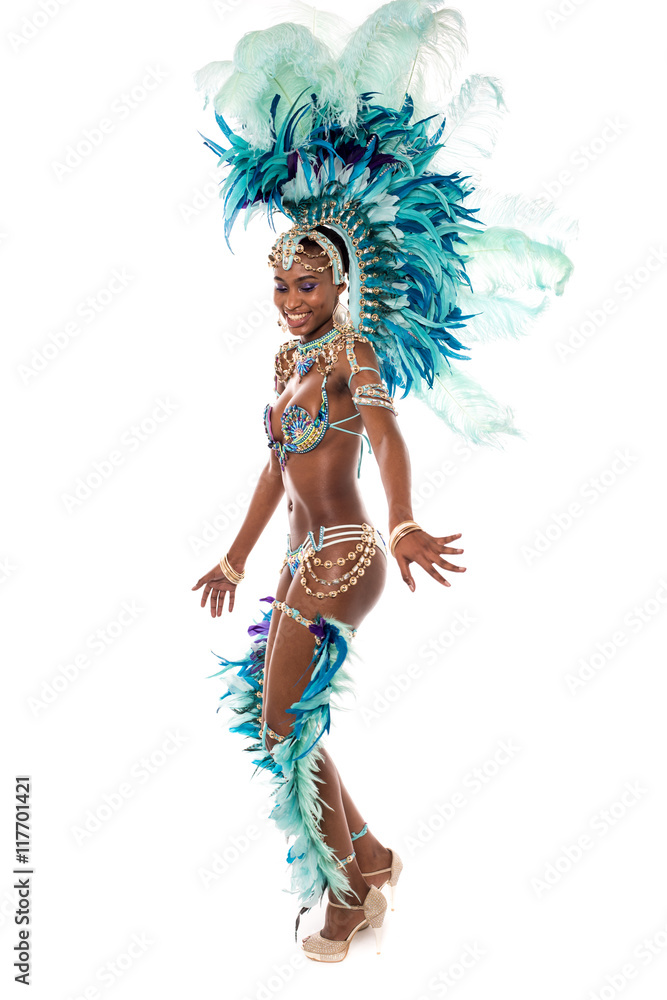 Female dancer in pretty blue feather costume. Female dancer in pretty blue feather costume.