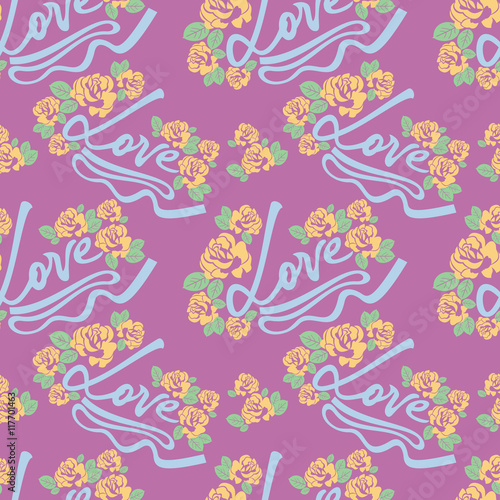 Seamless pattern with single word  love  and roses silhouettes. Original custom hand lettering. Vector clip art.