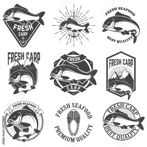 Set of the fresh carp labels, emblems and design elements. Carp