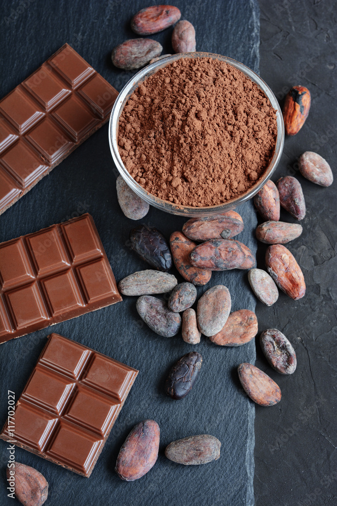 Cacao beans, cacao powder and chocolate Cacao beans, cacao powder and chocolate