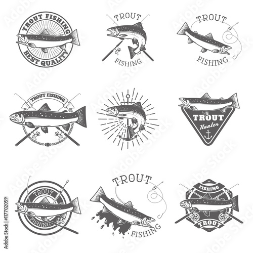 Set of trout fishing labels.