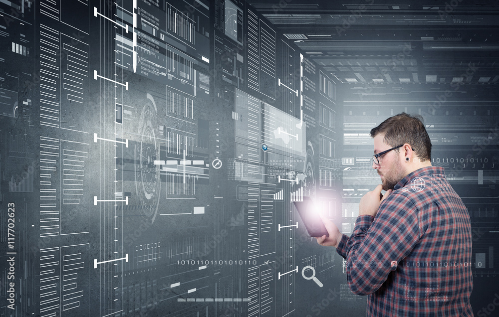 Hipster guy with tablet device . Mixed media Hipster guy with tablet device . Mixed media